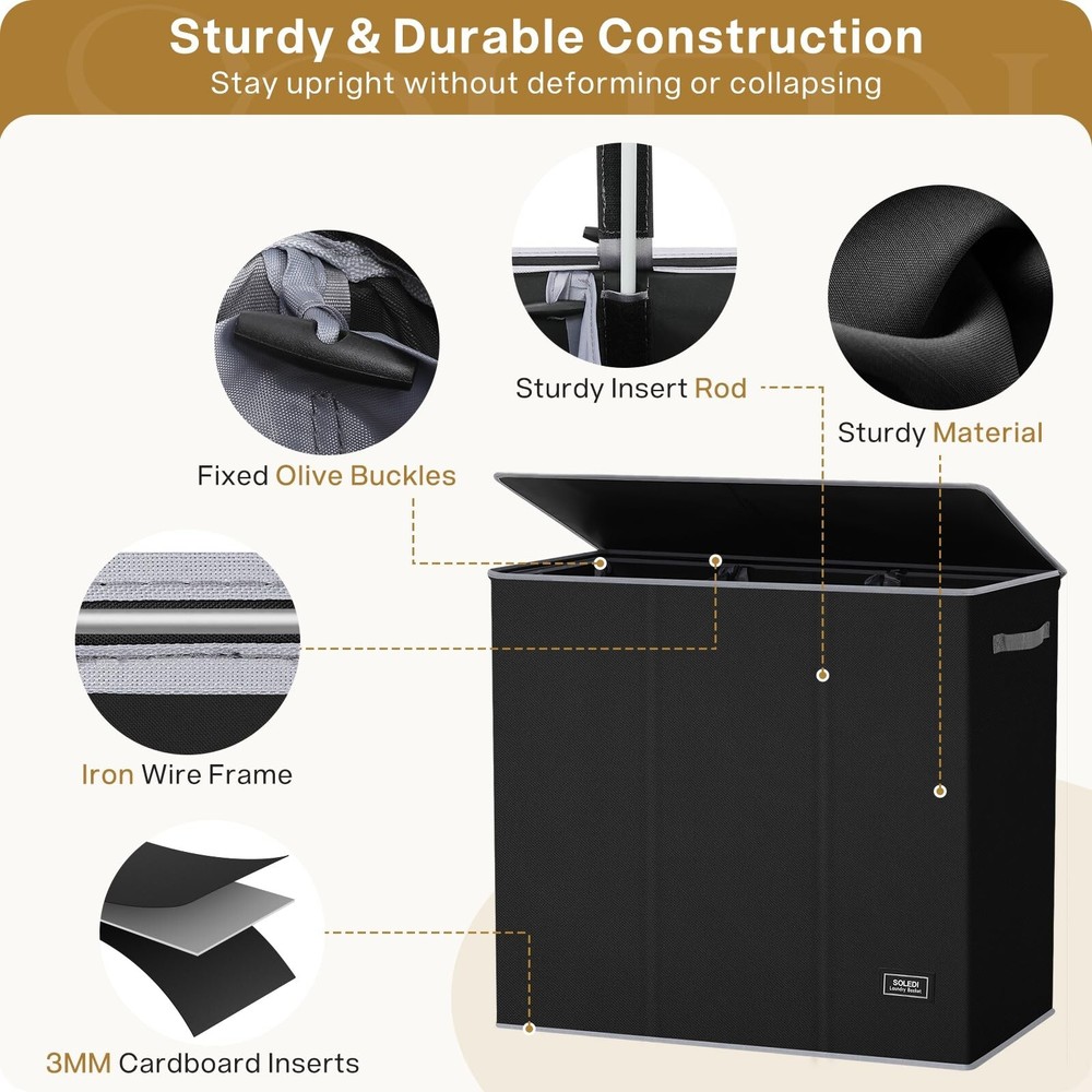 SOLEDI 180L Laundry Hamper 3 Section, Extra Large Laundry Hamper with Lid, Di...