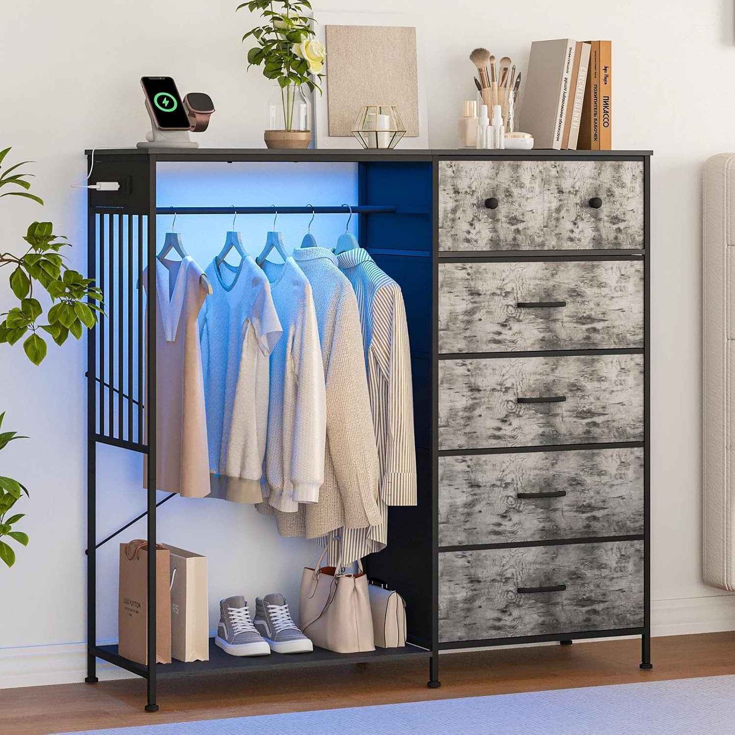 Bedroom Storage Center, Dresser/Wardrobe Combo with Hanging Rack, LED Lights