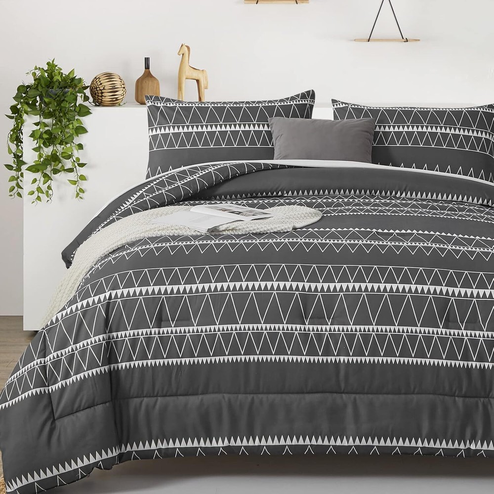 WONGS BEDDING Dark Gray Comforter Set Queen King Reversible Boho Triangle