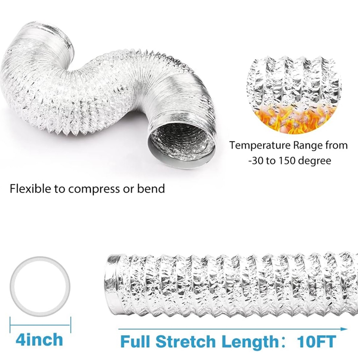 4-Inch 10-Feet Flexible Duct for Heating Cooling Ventilation and Exhaust