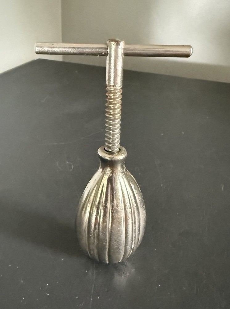 Vintage Nut-Shape Metal Screw Nutcracker w/ T-Bar Handle -