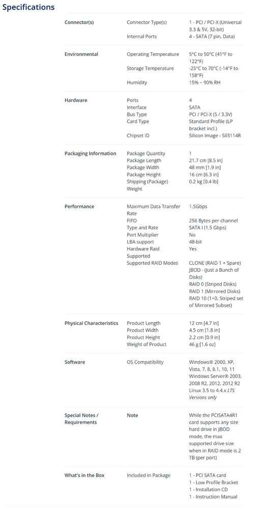 StarTech A114-00B - 4 Port PCI SATA RAID Controller Adapter Card, PCISATA4R1