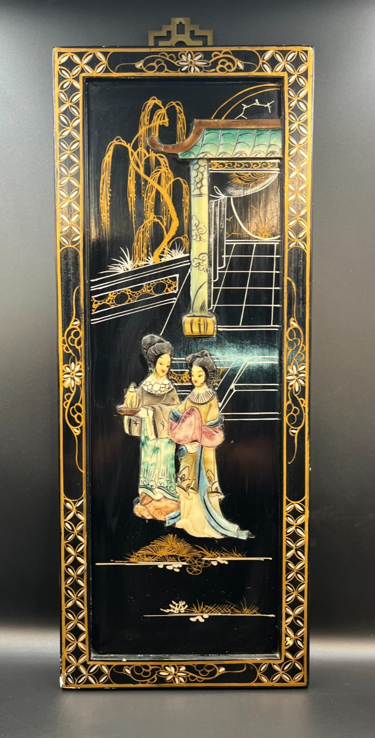 Vintage Chinese Black Lacquer Wall Panel Mother of Pearl Inlay & Stone Art