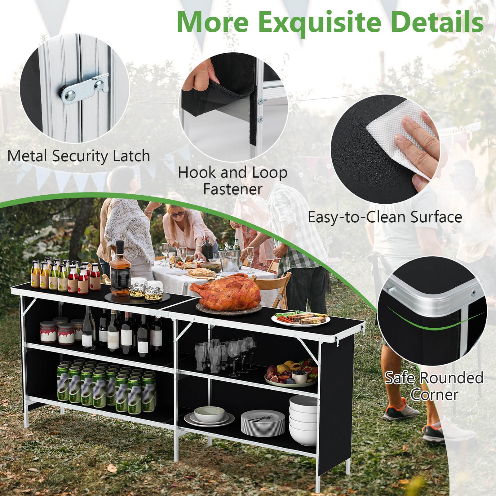 Portable Bar Table Folding Camping Table w/ Aluminum Alloy Frame 2-Tier Shelves