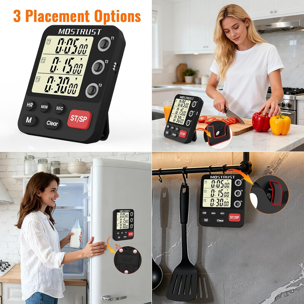 Digital Dual Kitchen Timer 3 Channels Triple Countdown Timer for Cooking Display