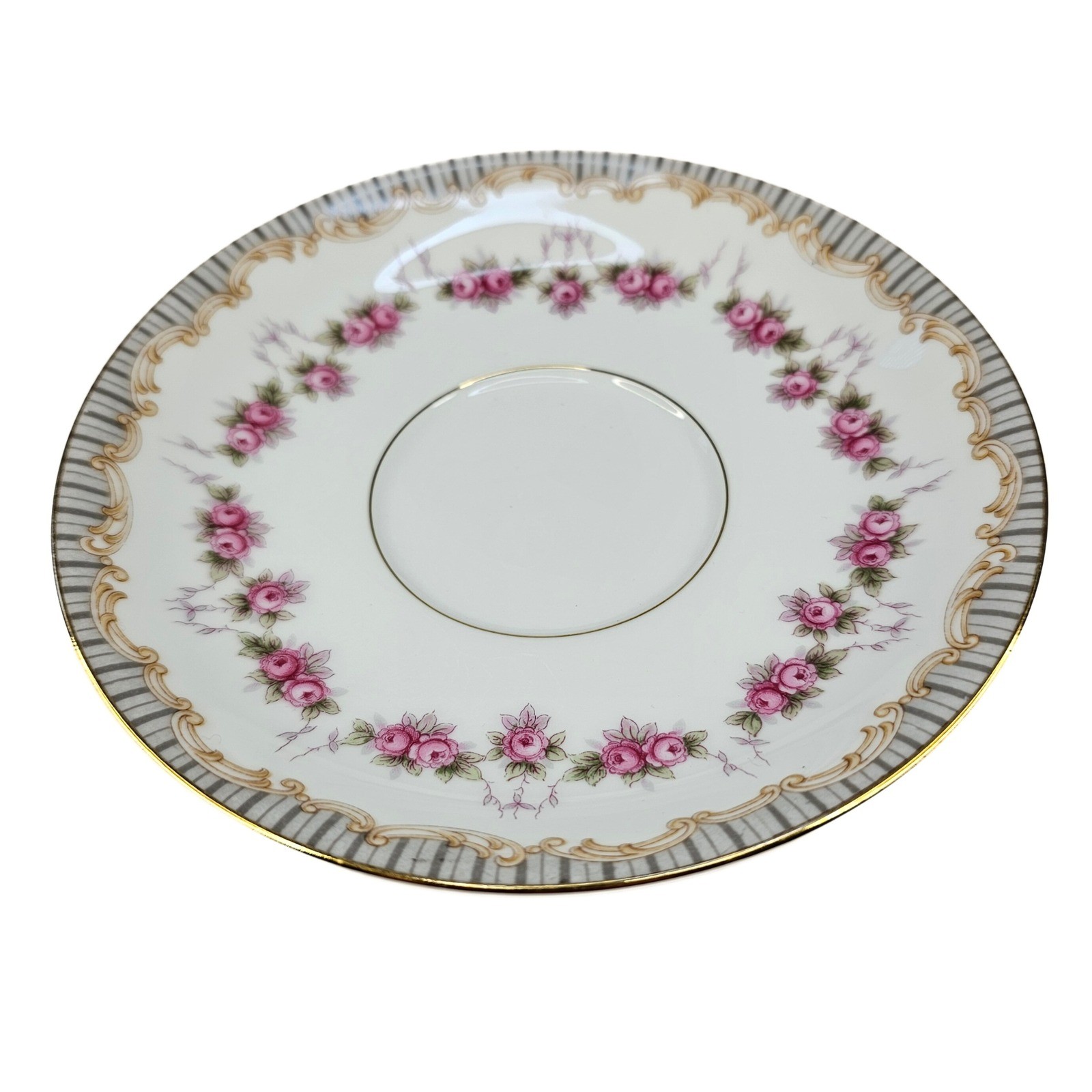 Vintage Noritake China Ridgewood Saucer, Pink Rose Garland, Gold Accent