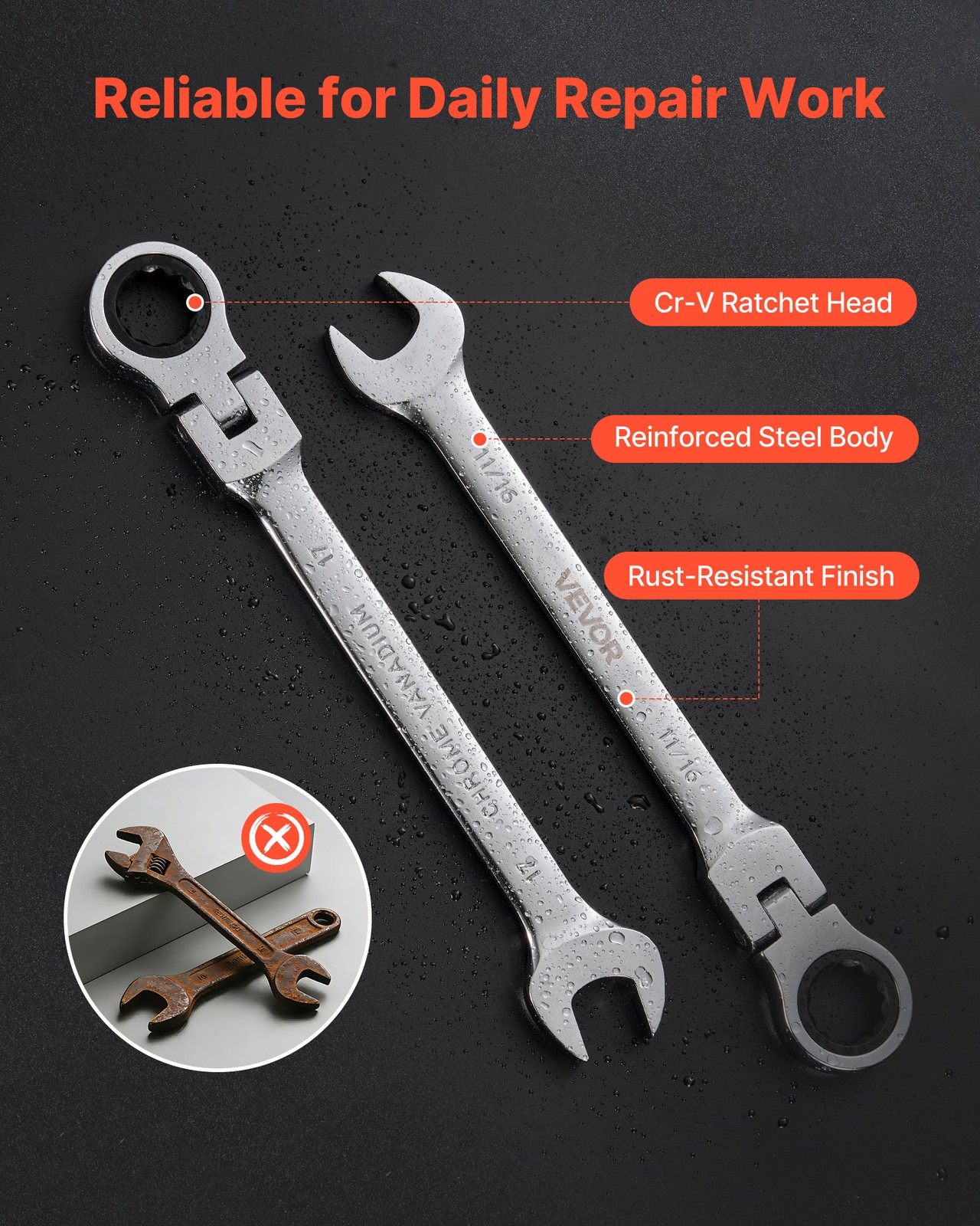 VEVOR Flex-Head Ratcheting Wrench Set Combination Wrench Set 30-Piece SAE Metric