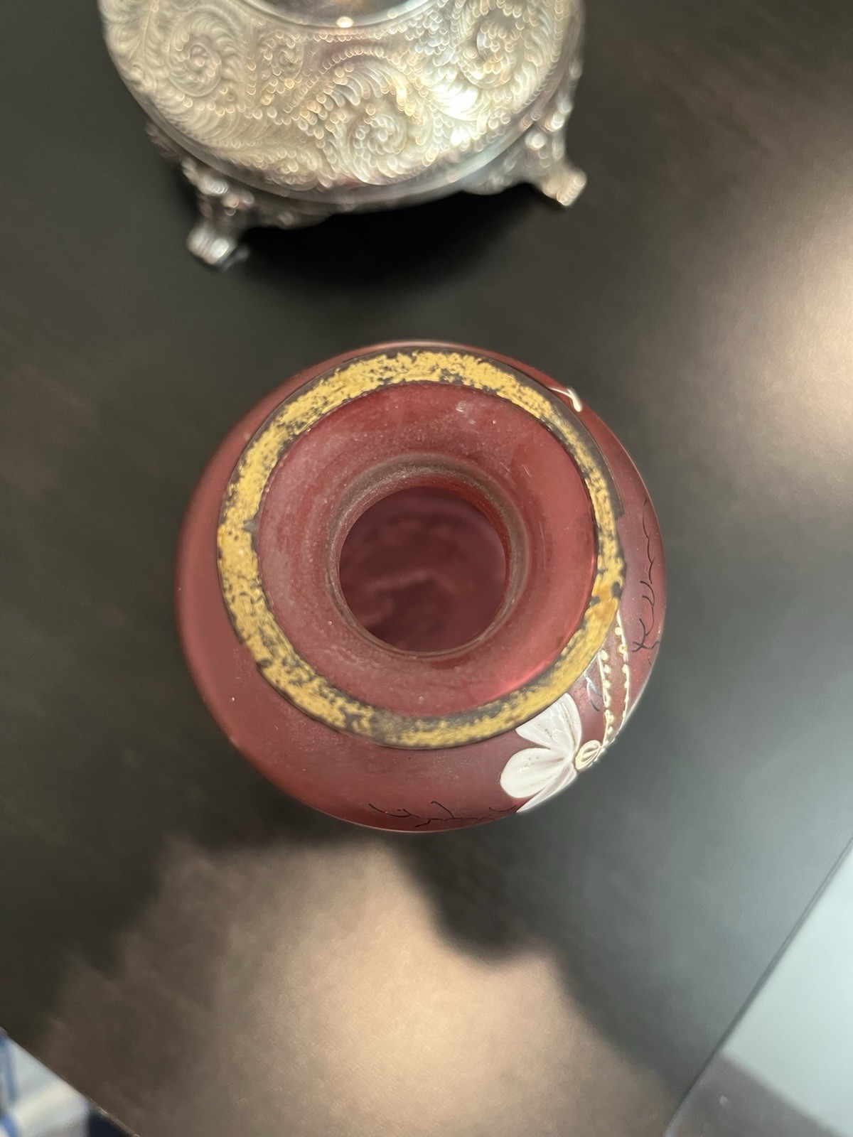 RARE Victorian Silver Plate Figural Perfume Castor Holder Cranberry Satin Glass