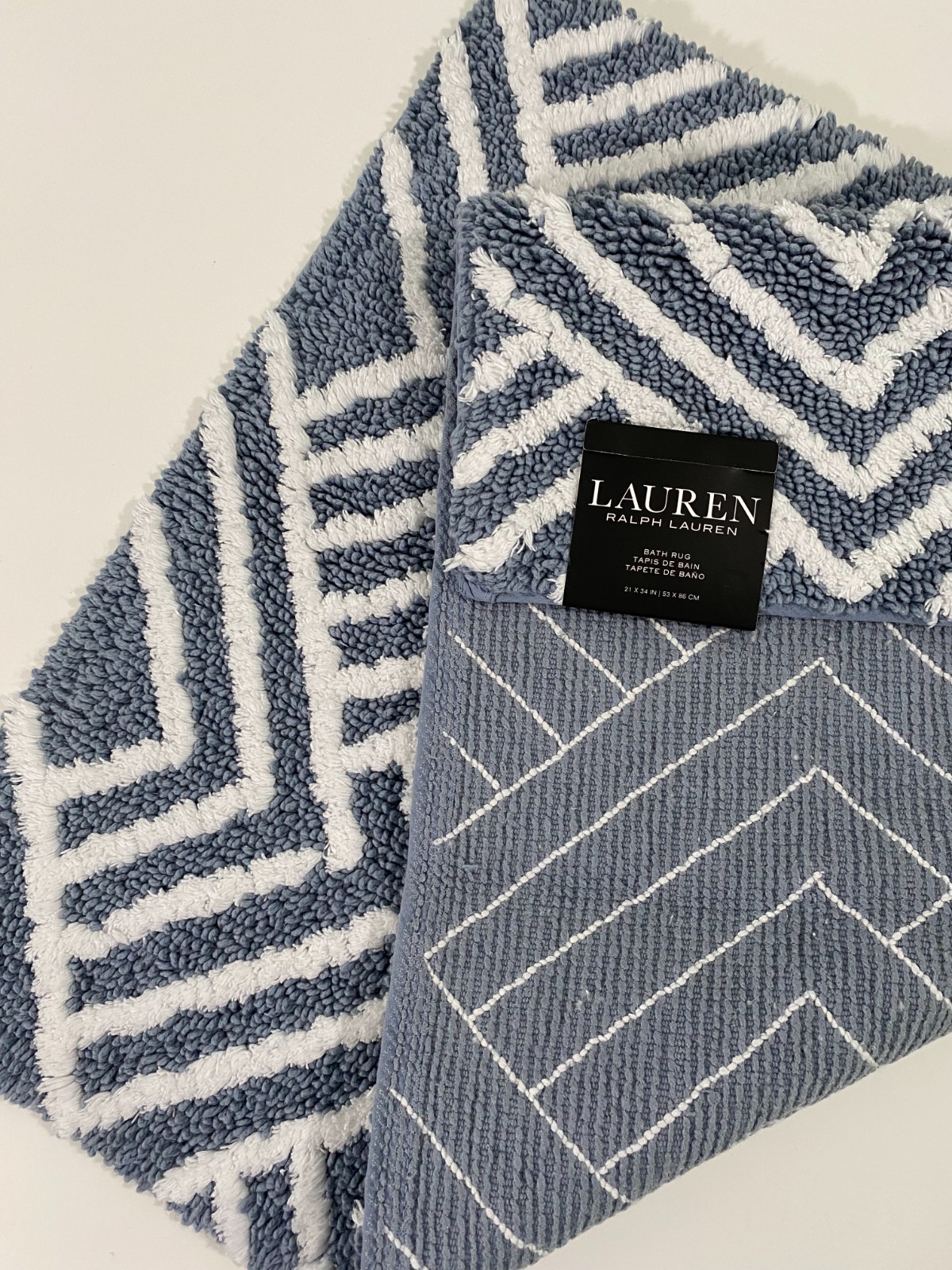 Ralph Lauren Bathroom Rug Blue 21 x 34 Resistant Anti-Slip Chevron Herringbone