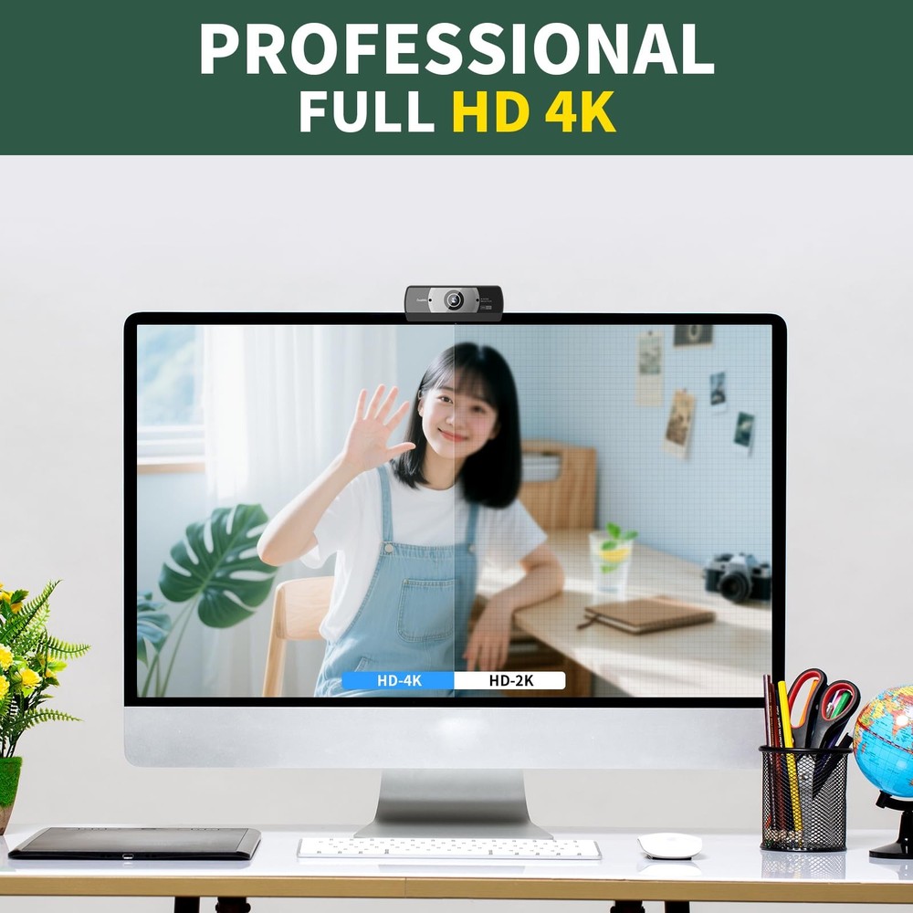 4K Webcam PC Full HD Video Calling Light Correction Skype Zoom Facetime