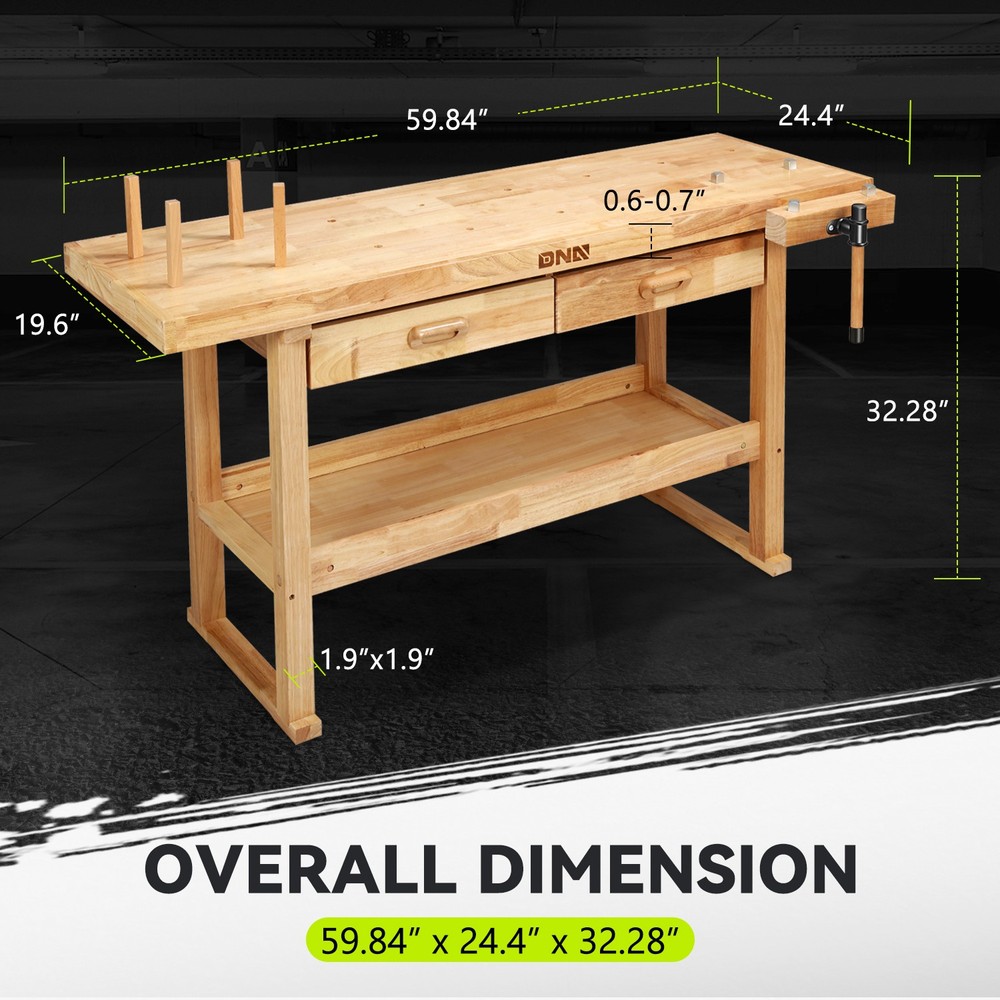 Solid Oak Wood Workbench Work Desk w/ 2 Drawers + Open Space + Adjustable Handle