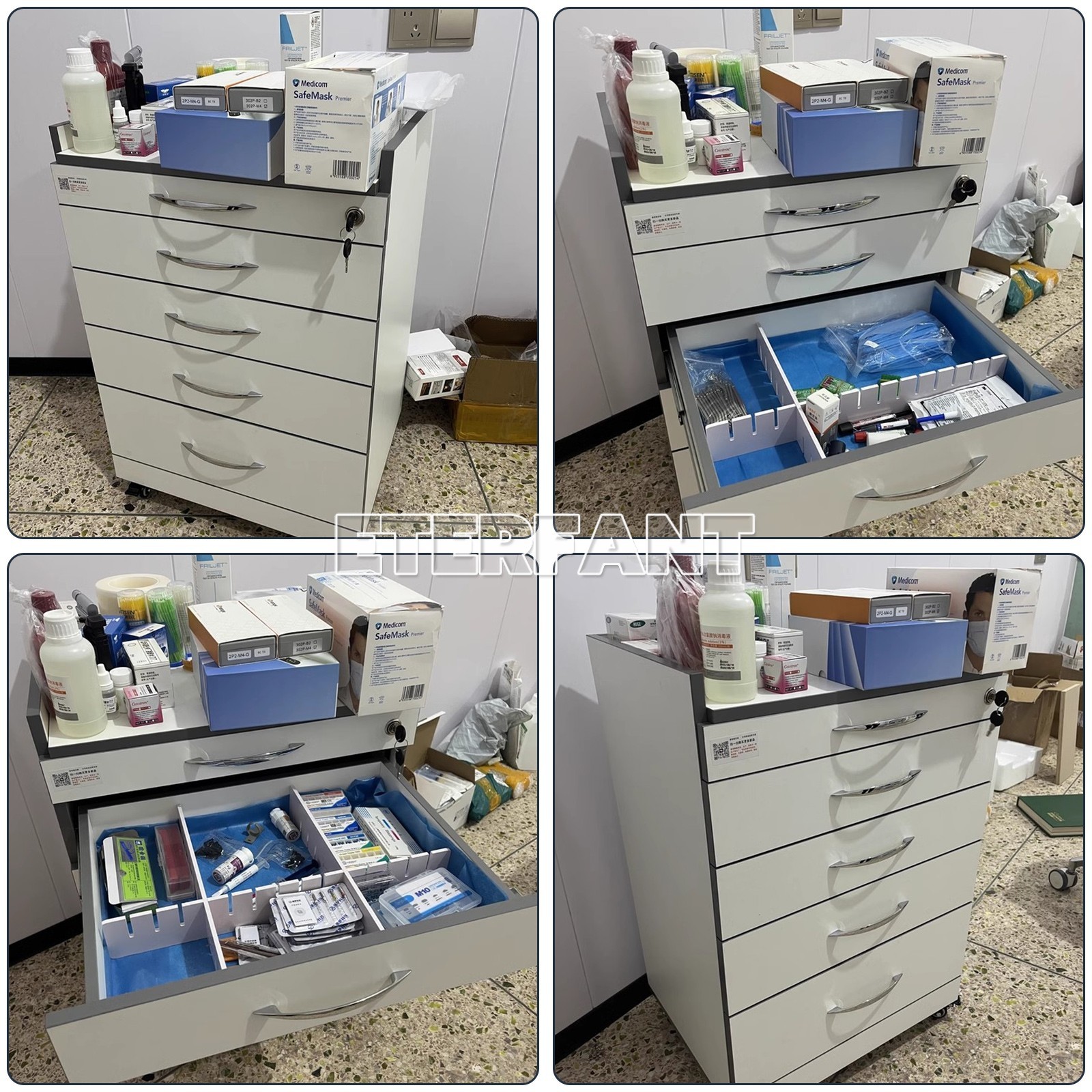 4/5 Drawers Dental Medical Trolley Acrylic Wooden Cabinet Rolling Cart w/Socket