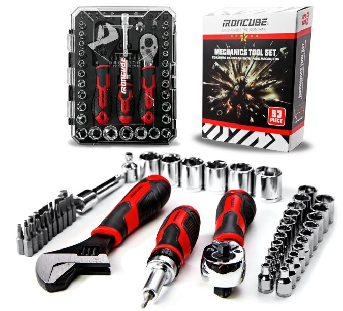 IRONCUBE 53-Piece Compact Socket Tool Set with Ratcheting Screwdriver & Adjustab