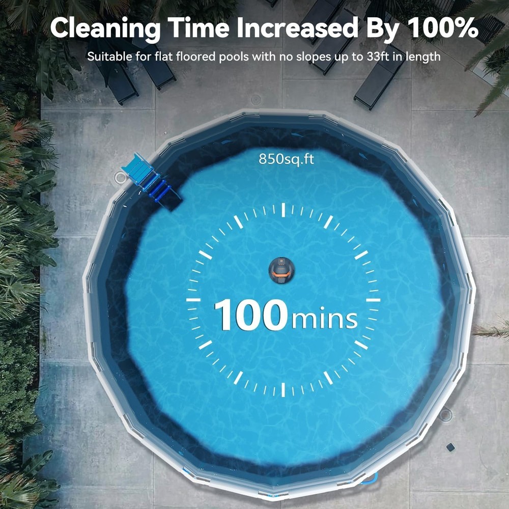 Cordless Robotic Pool Cleaner for Above Ground Pools 100 Min Runtime