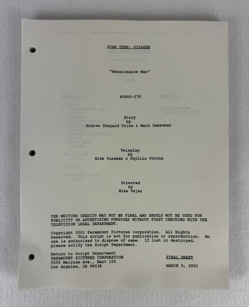 Star Trek Voyager “Renaissance Man” Final Draft Original Studio Script 03/05/01