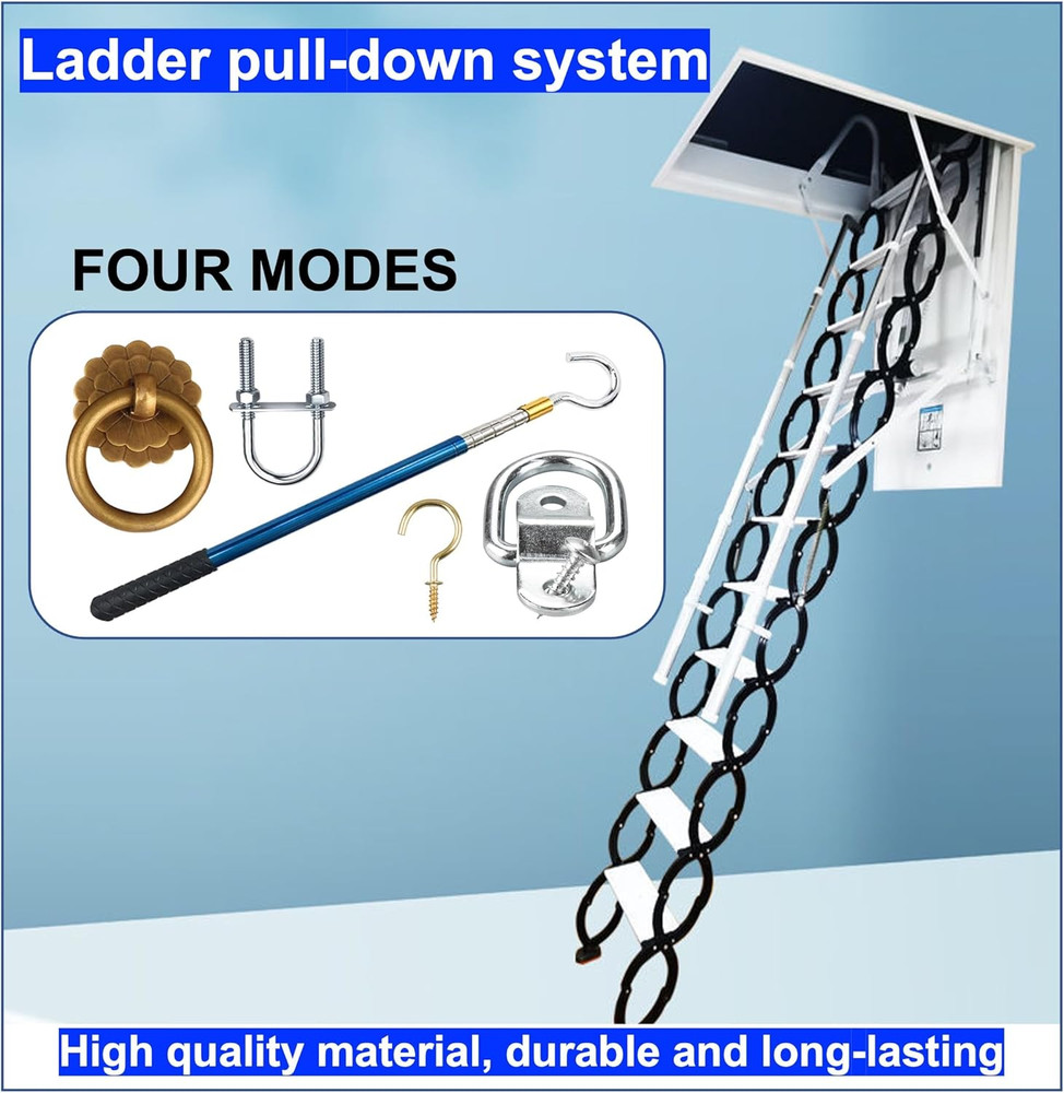 Attic Pull Down Hook Kit with 60" Steel Pole and Antique Brass Handle