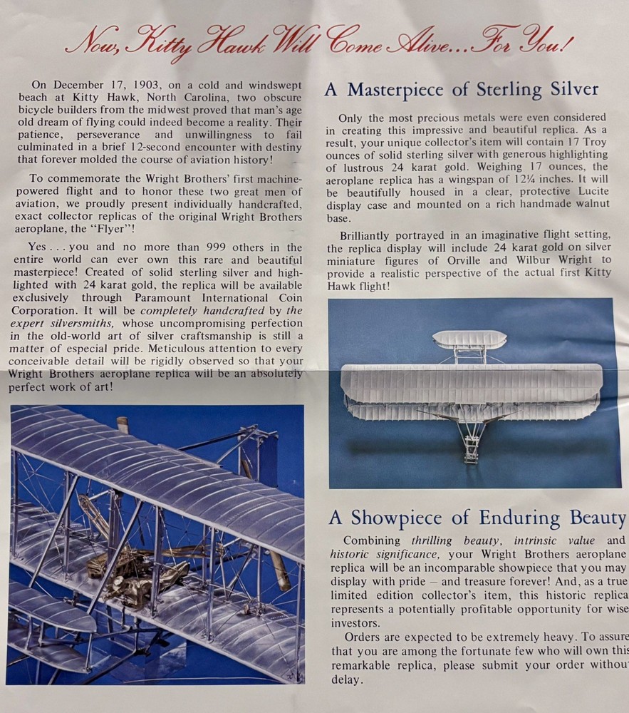 Vintage Wright Brothers 12” Flyer #96 Sterling Silver Model Paramount Classics