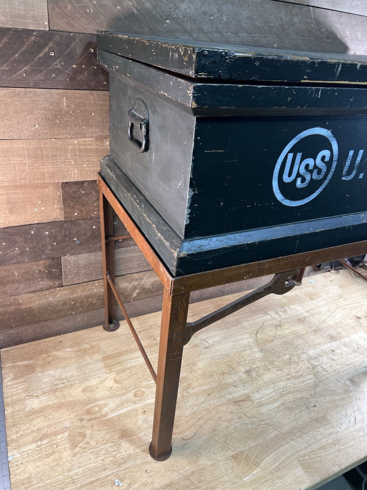 Vintage Large U.S. Steel Wooden Toolbox With Metal Base Stand