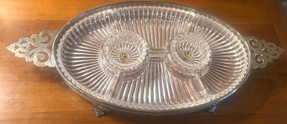 VTG Raimond Silverplate Footed Tray w/ Lead Crystal Inserts, Wood Grains Formica