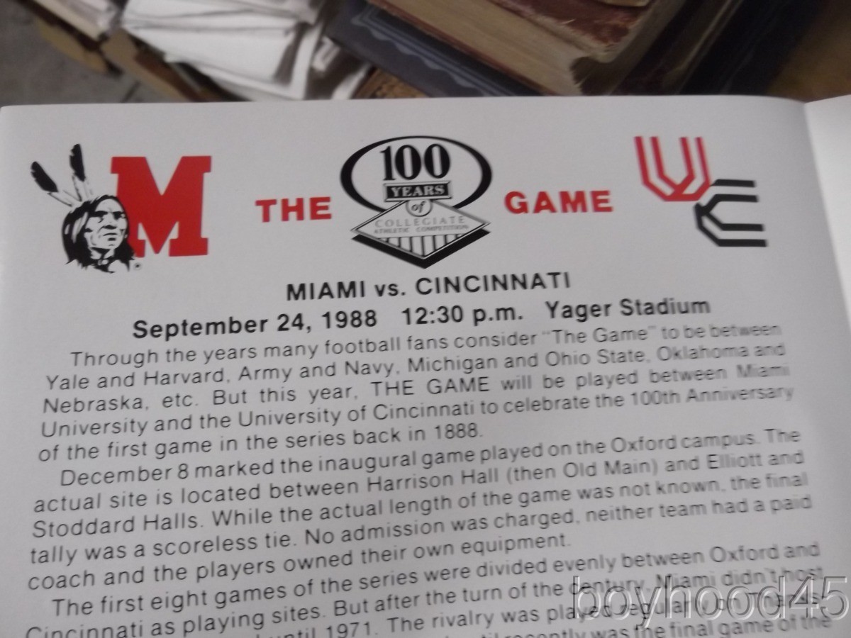 The 100 YEARS GAME PROGRAM--MIAMI OF OHIO VS. CINCINNATI--1988
