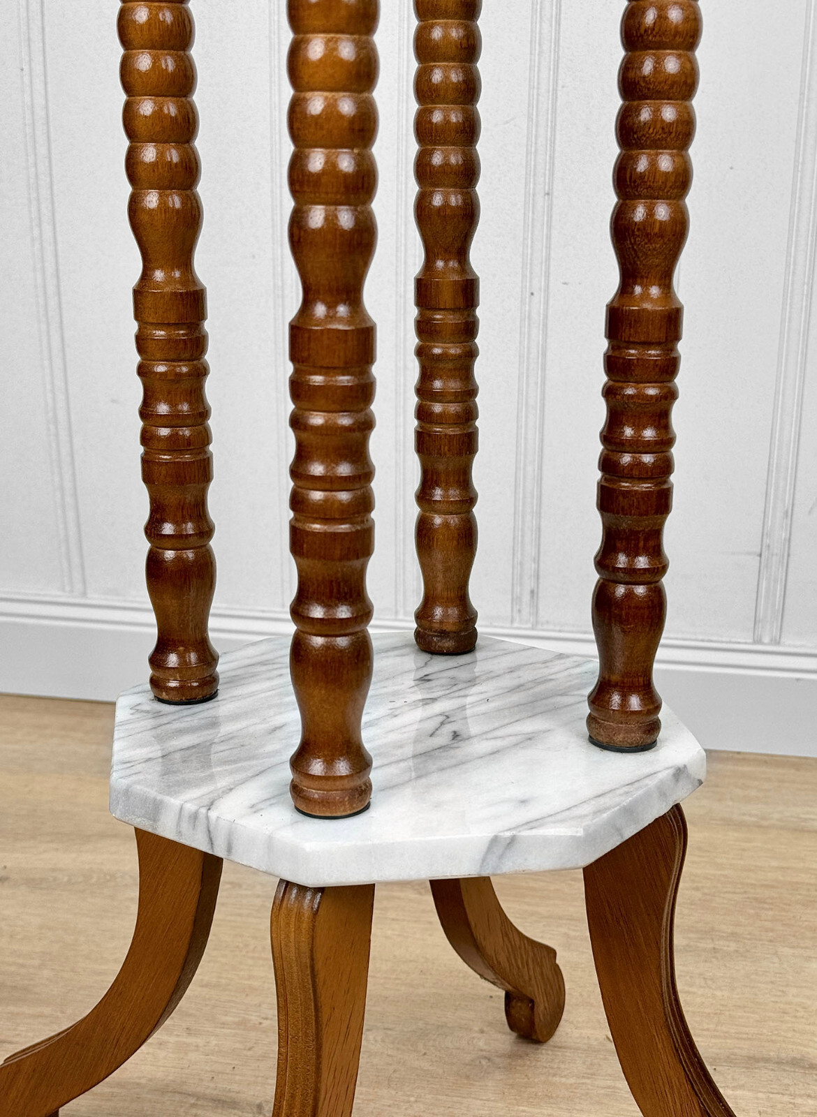 Vintage Traditional Turned Walnut & Marble Plant Stand Pedestal