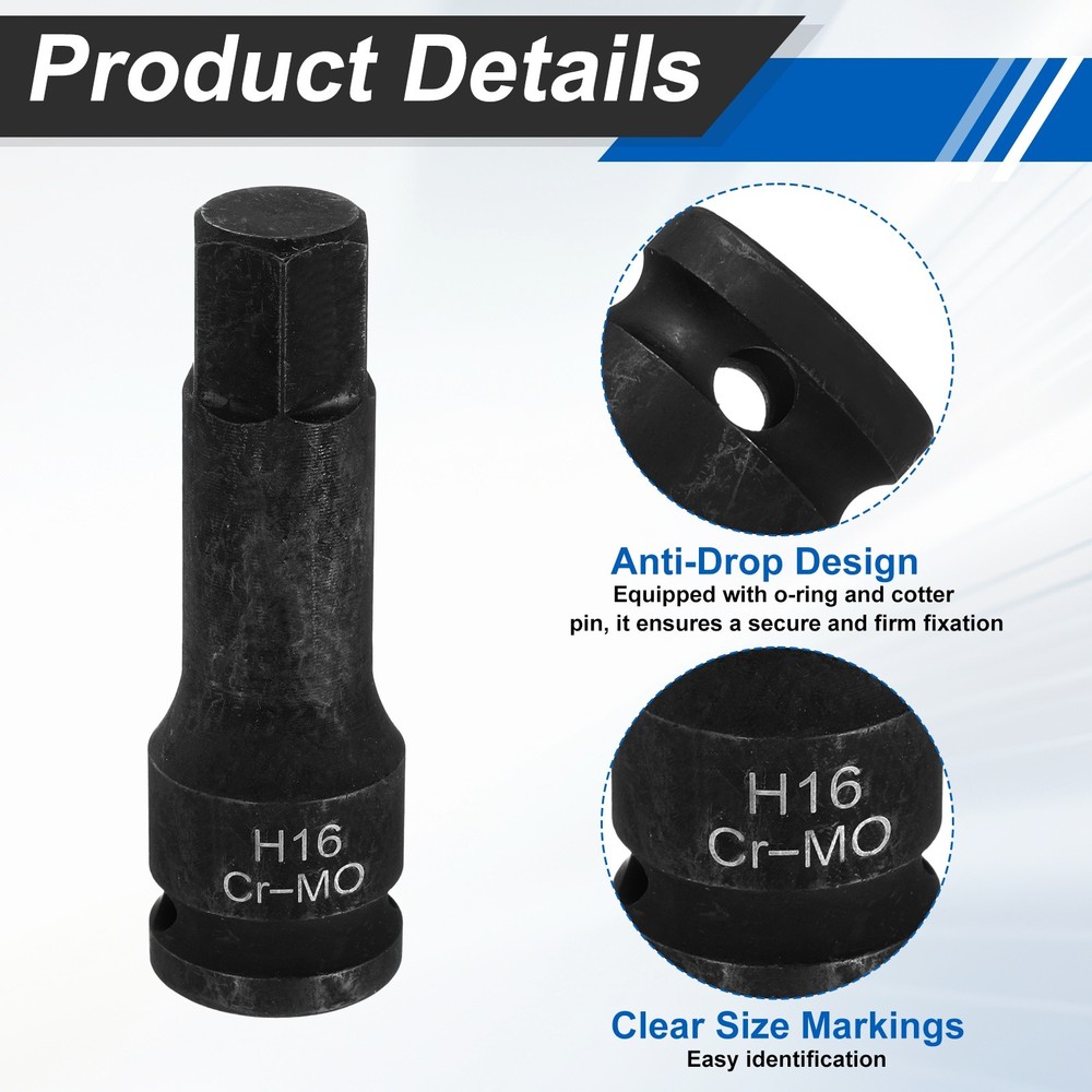 2pcs 1/2" Drive Impact Hex Bit Socket 16mm Metric CR-MO Steel Hexagonal Socket