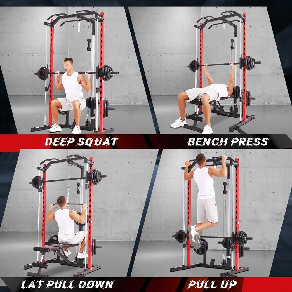 Smith Machine, Multi-Function Power Cage w/ Lat Pull Down System Workout Machine