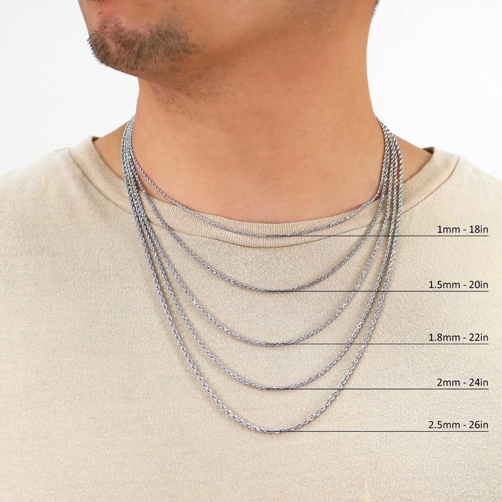 10K White Gold 1.5mm-7mm Diamond Cut Rope Chain Necklace Mens Womens 16"-30"