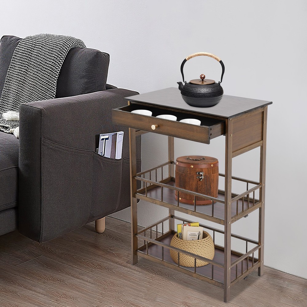 3 Tiers Side Table Side Table with Storage Drawer Bamboo End Table Tea Table