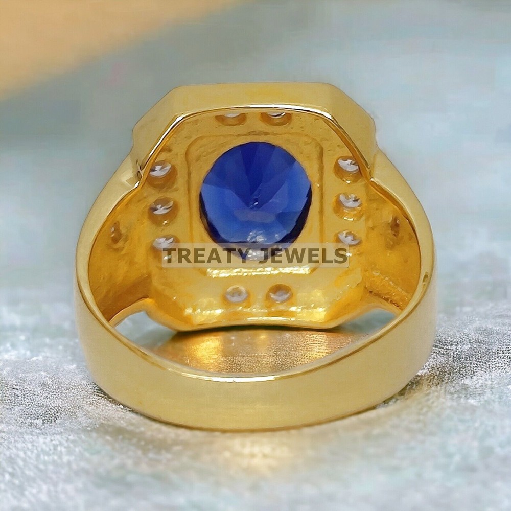 Blue Sapphire Oval Cut With 14K Solid Yellow Gold Ring For Men #357