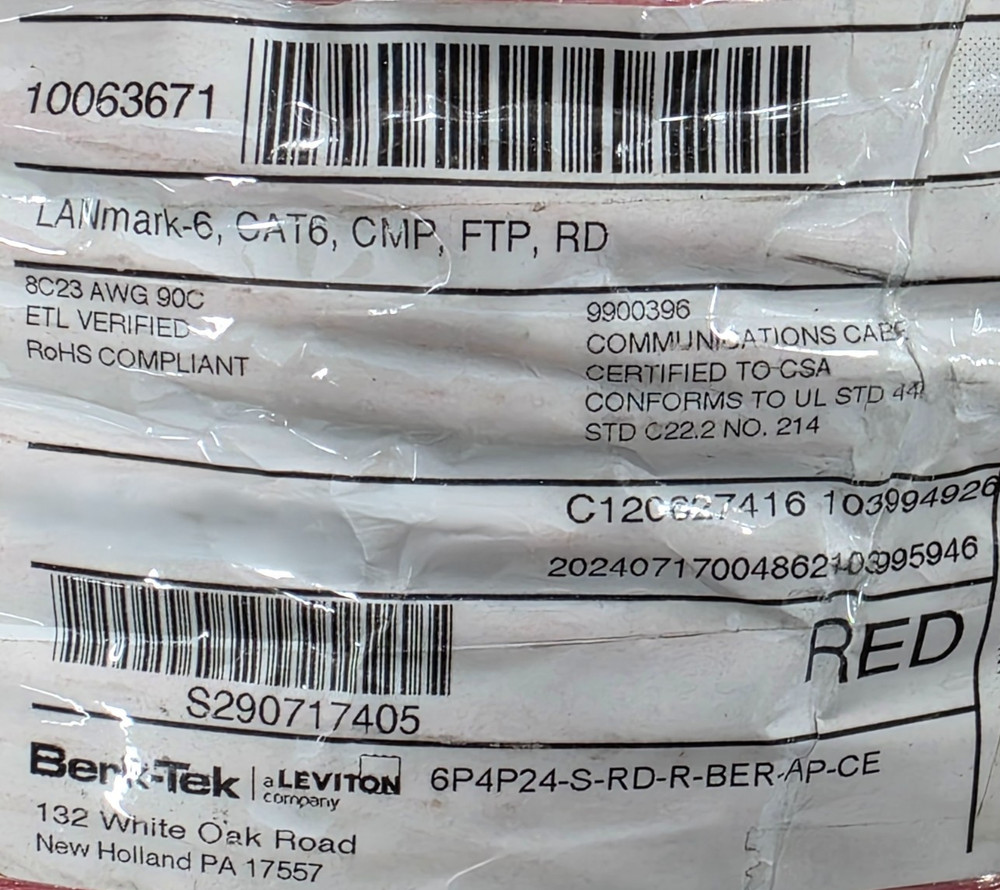 Berk-Tek 23/4P LANmark 6 CAT6 Plenum F/UTP Shielded Network Cable CMP Red /50ft