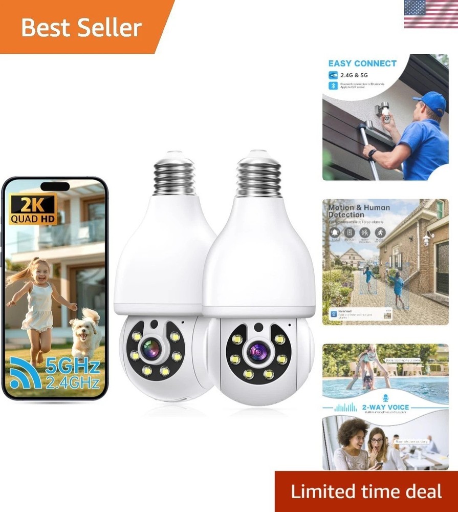 Wireless 2K HD Light Bulb Camera with Motion Detection & Two-Way Talk (2 Pack)