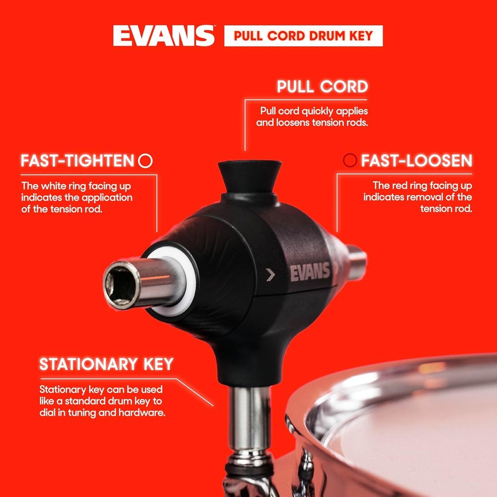 Evans Pull Cord Drum Key - Fully Mechanical Three Head Drum Key - Keys for Tunin