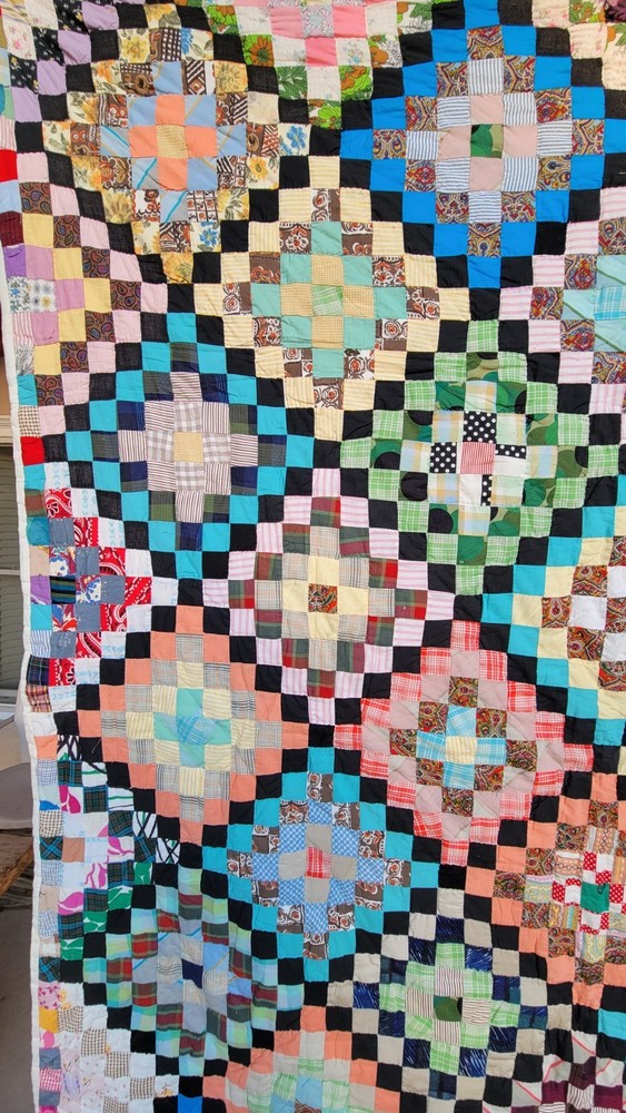 Vintage Handmade Scrap Quilt Large Diamond Patchwork Folk Art Bedspread