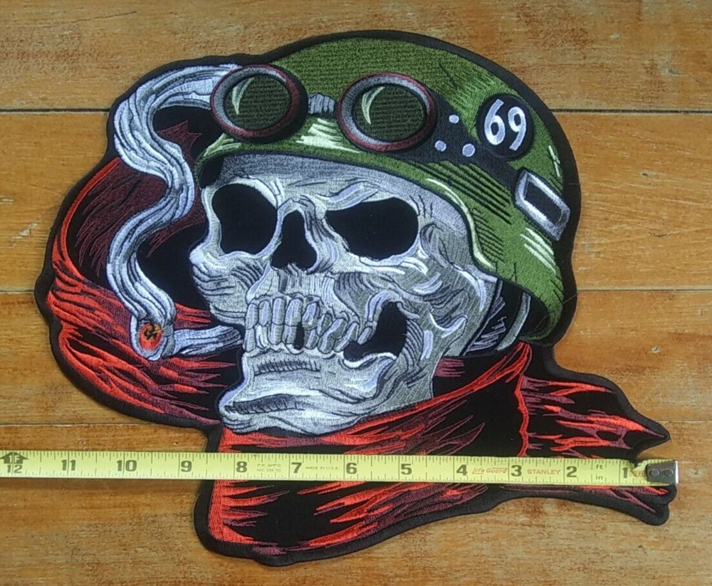 Large Embroidered Back Patch ~ Smokin' Death Skull 69 Helmet Biker Jacket PATCH