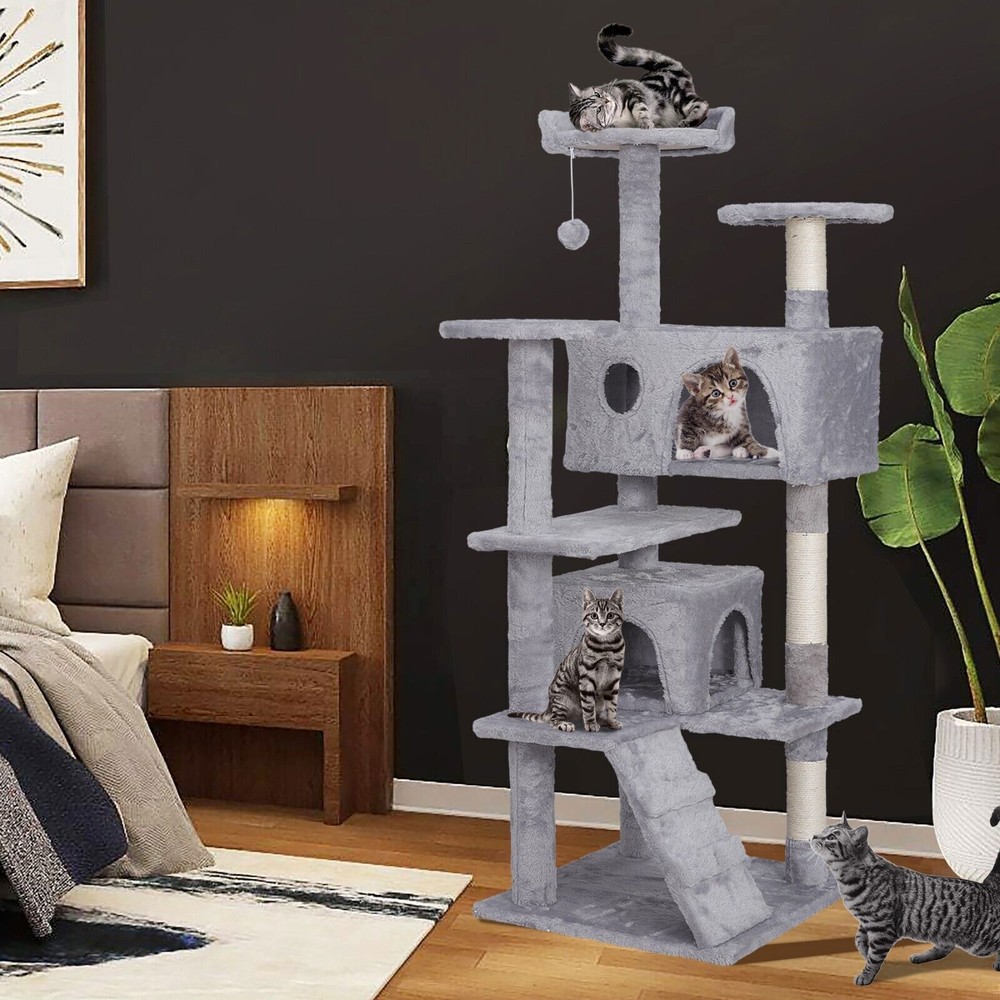 55'' Multi-Level Cat Tree Tower Kitten Condo House W/Scratching Posts Light Grey