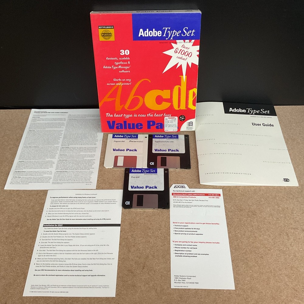 Adobe Type Set Value Pack Big Box PC Software 1990 Adobe
