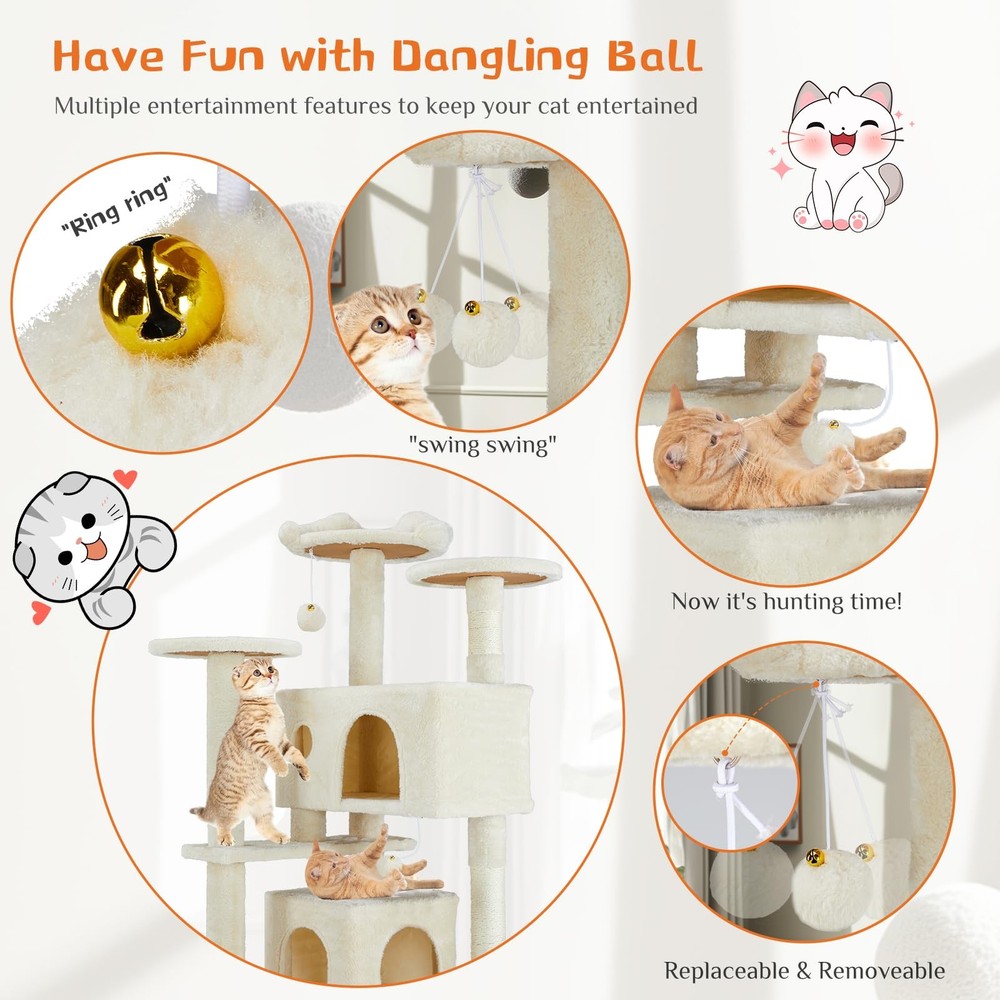 Beige 54-Inch Multi-Level Cat Tree Tower - Indoor Cat Activity Hub