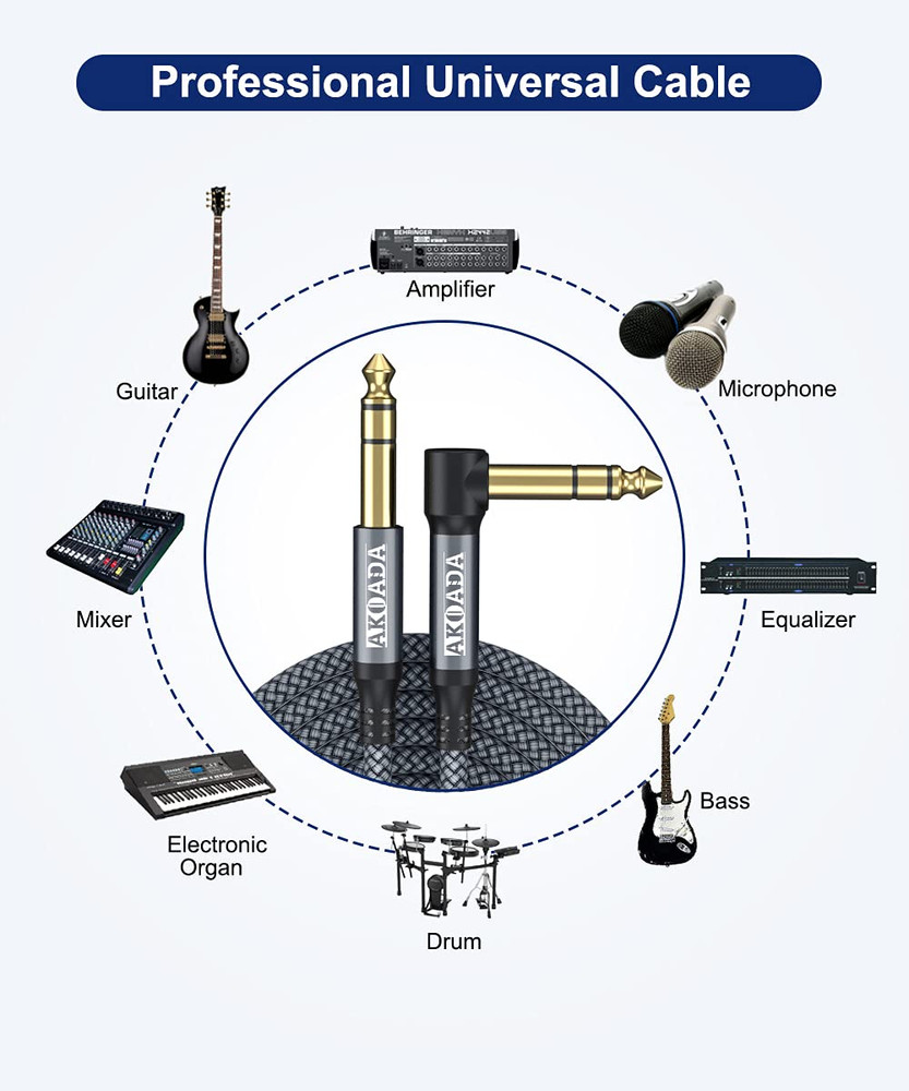 1/4 Inch TRS Instrument Cable 10Ft 2Pack Right Angle..................