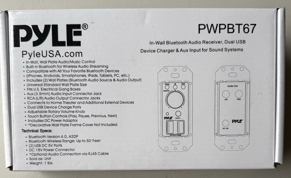 PYLE PWPBT67 In-Wall Bluetooth Audio Receiver, Dual USB Device Charger & Input