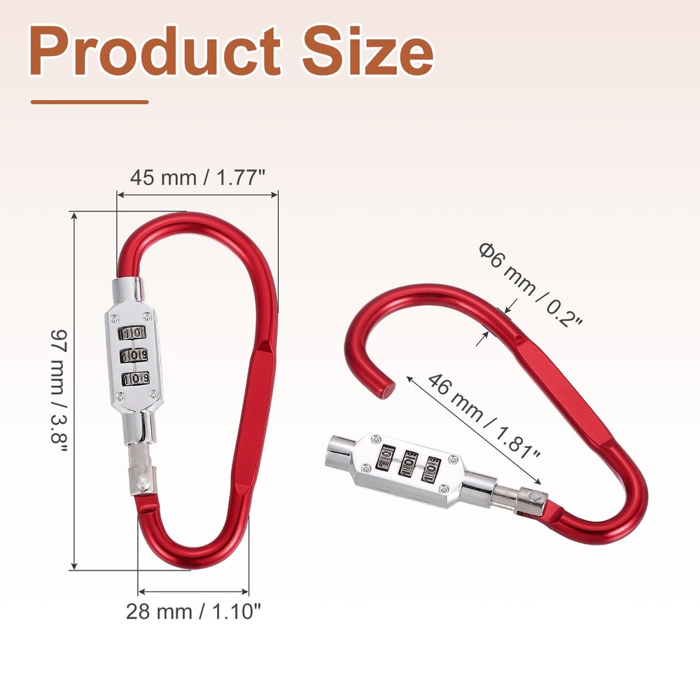 3.8" x 1.8" D-Shaped 3-Digit Code Combination Lock D-Ring Clip Locking, Red
