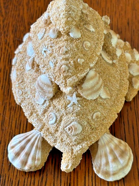 Beachy Ceramic Stacked Turtles 4” Tall seashell turtle sandy shells