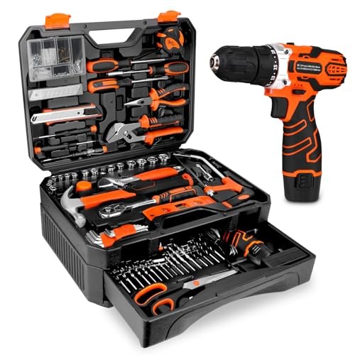 255-Piece Tool Set - Tool Kit with 12V Cordless Drill Driver, Toolbox Orange