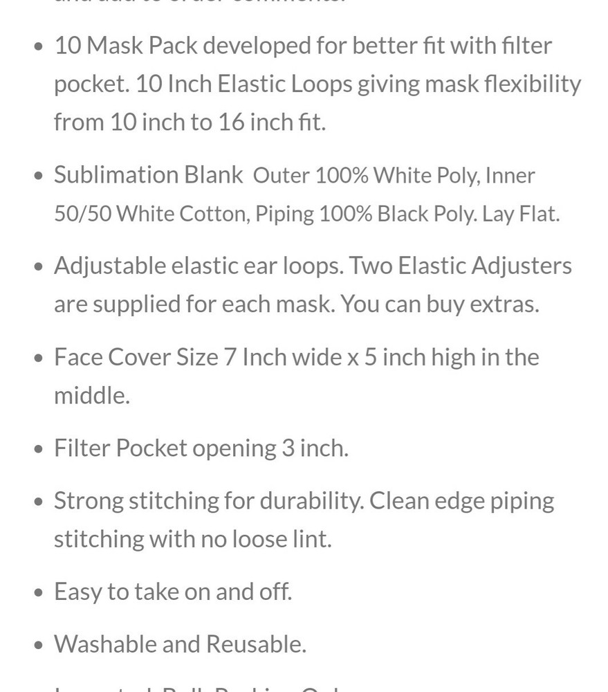 10pk SUBLIMATION Mask ADJUSTABLE