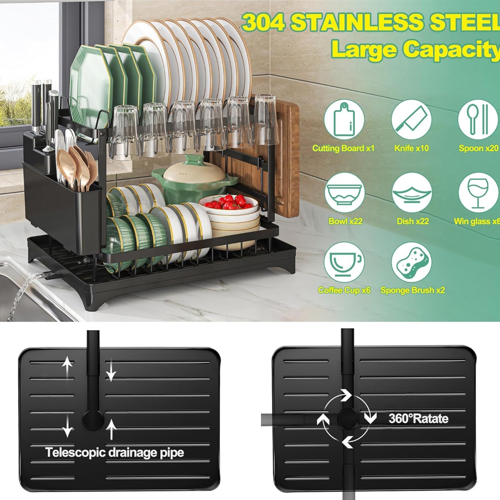 Dish Drying Rack Drainage Tray 2-Tier Stainless Steel Dish Racks Kitchen Shelf