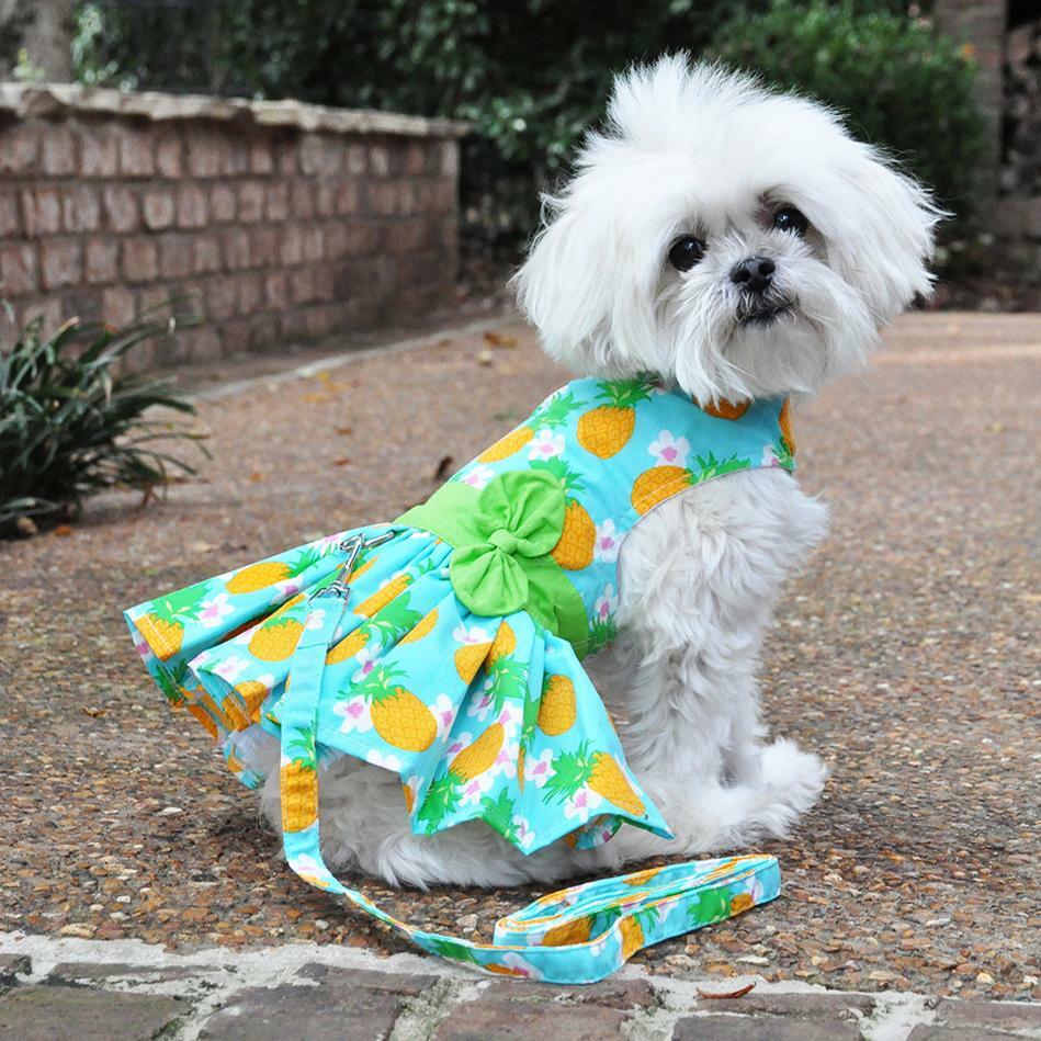 Pineapple Luau Dog Dress with D-Ring Harness Matching Leash Doggie Design XS-XL