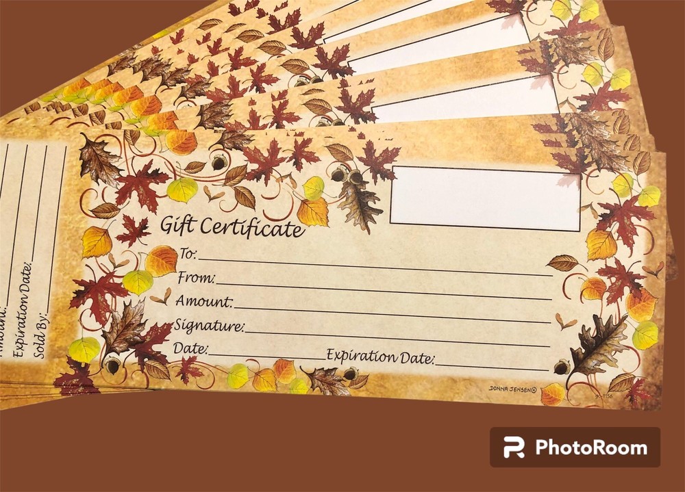 100 Gift Certificates- Fall Leaves Theme