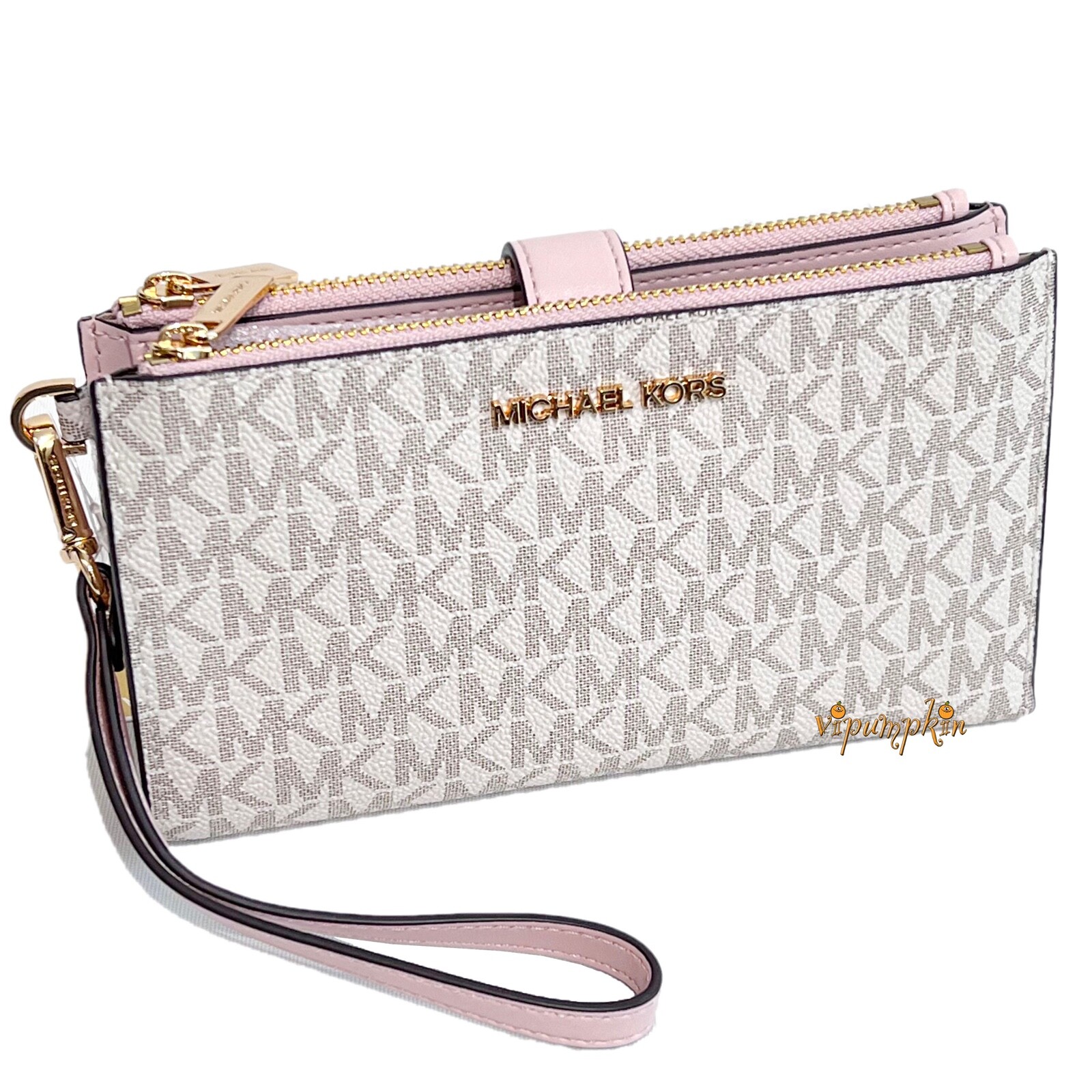 Michael Kors Jet Set Travel Double Zip Wristlet Wallet Vanilla Pink Powder Blush