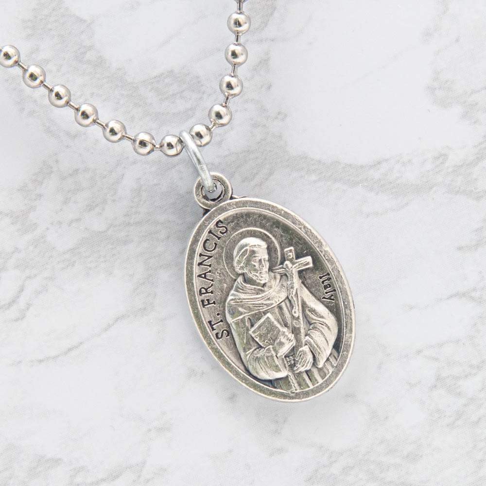 Saint St Francis Of Assisi Pray For Us 1" Medal Pendant Necklace 24" Chain Italy