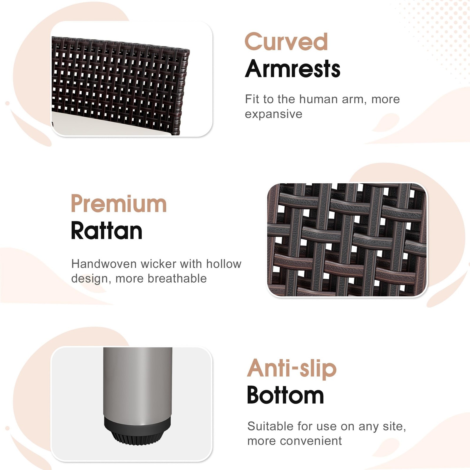 3-Piece Patio Conversation Set Wicker Rattan with Coffee Table Dark Brown Beige